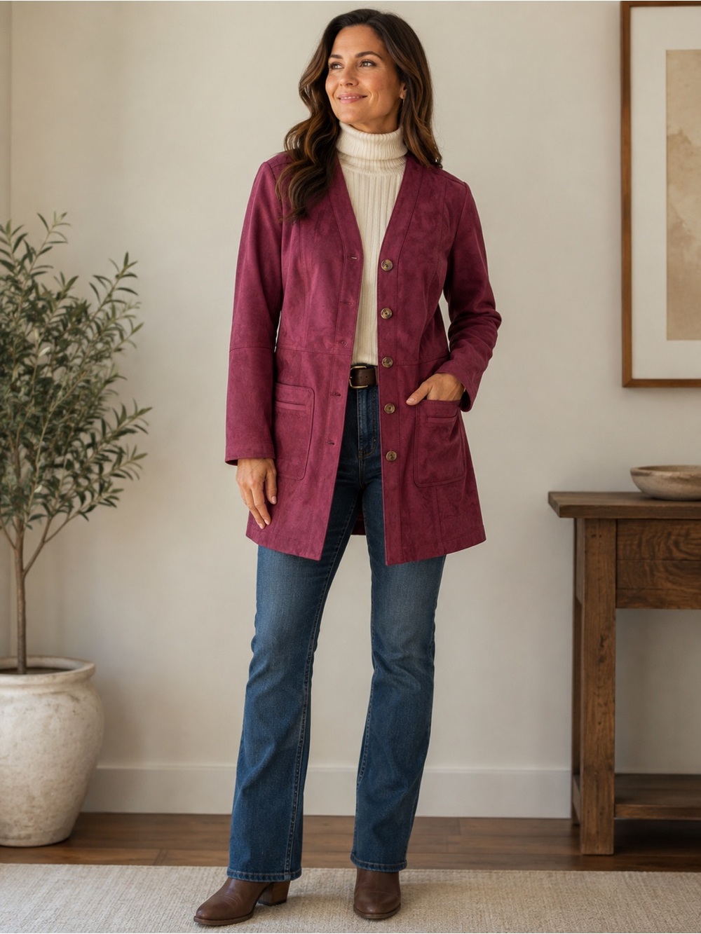 Coldwater Creek faux suede Long Button-Front Suede Jacket in Berry NWOT 12